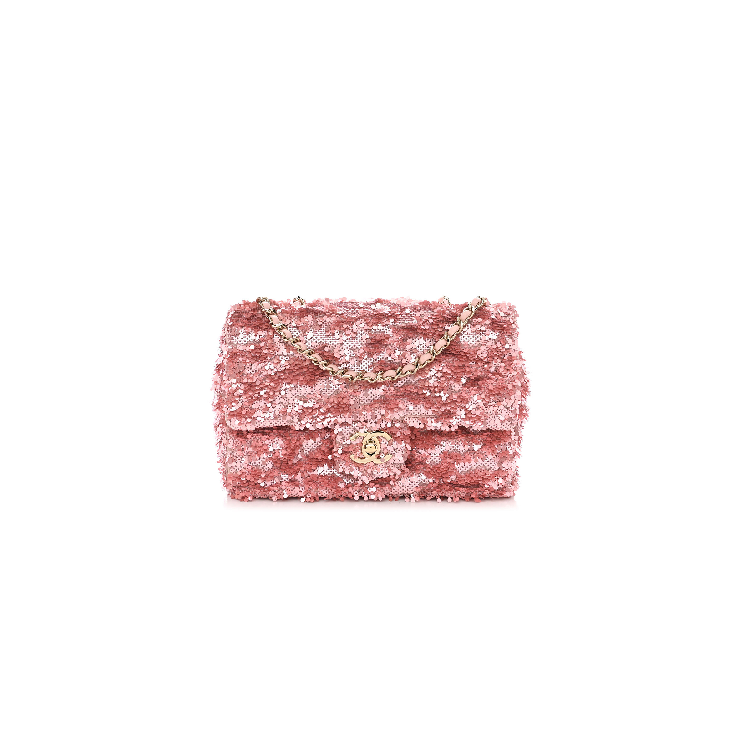 CHANEL FLAP BAG SEQUINS & GOLD-TONE METAL GOLDEN & PINK AS4561 (21*14*8cm)